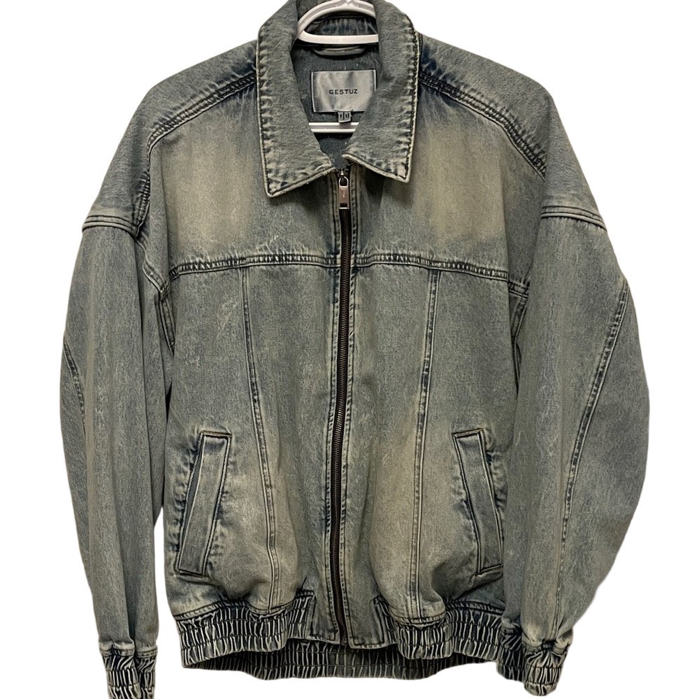 Men’s Gestuz Asher Denim Bomber Jacket In Mid Wash Size 38